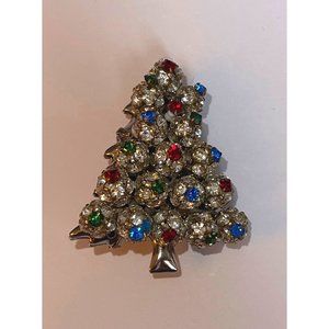 Vintage Red Green Blue Rhinestones Silver Tone Christmas Tree Brooch HTF